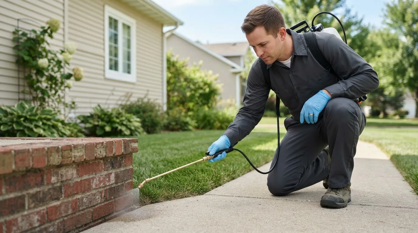 Pest control technician treating a home near Luck, WI